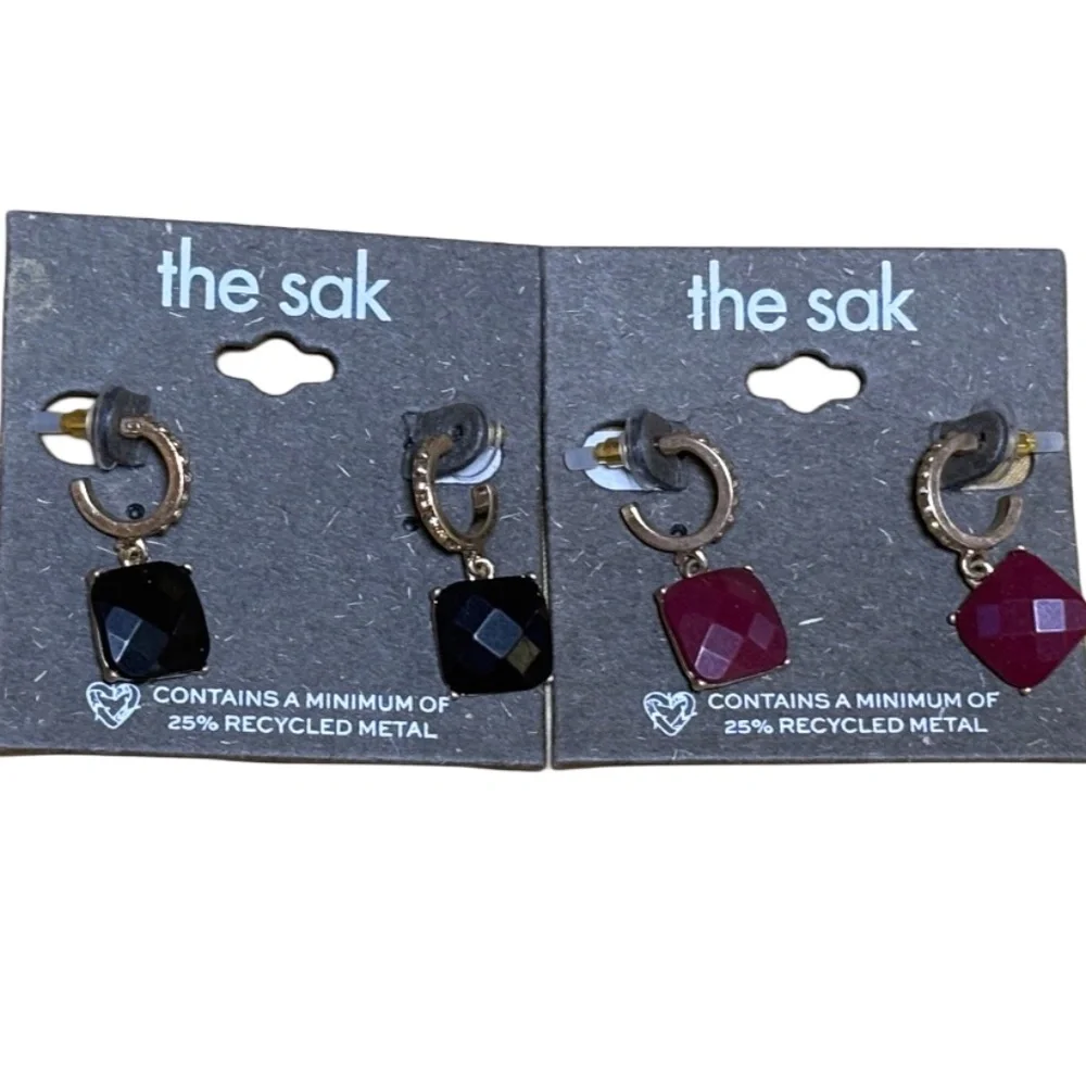 The Sak Earrings, 2 Pairs, Dangle Hoops, Red & Black, Gold Tone, Nwt
